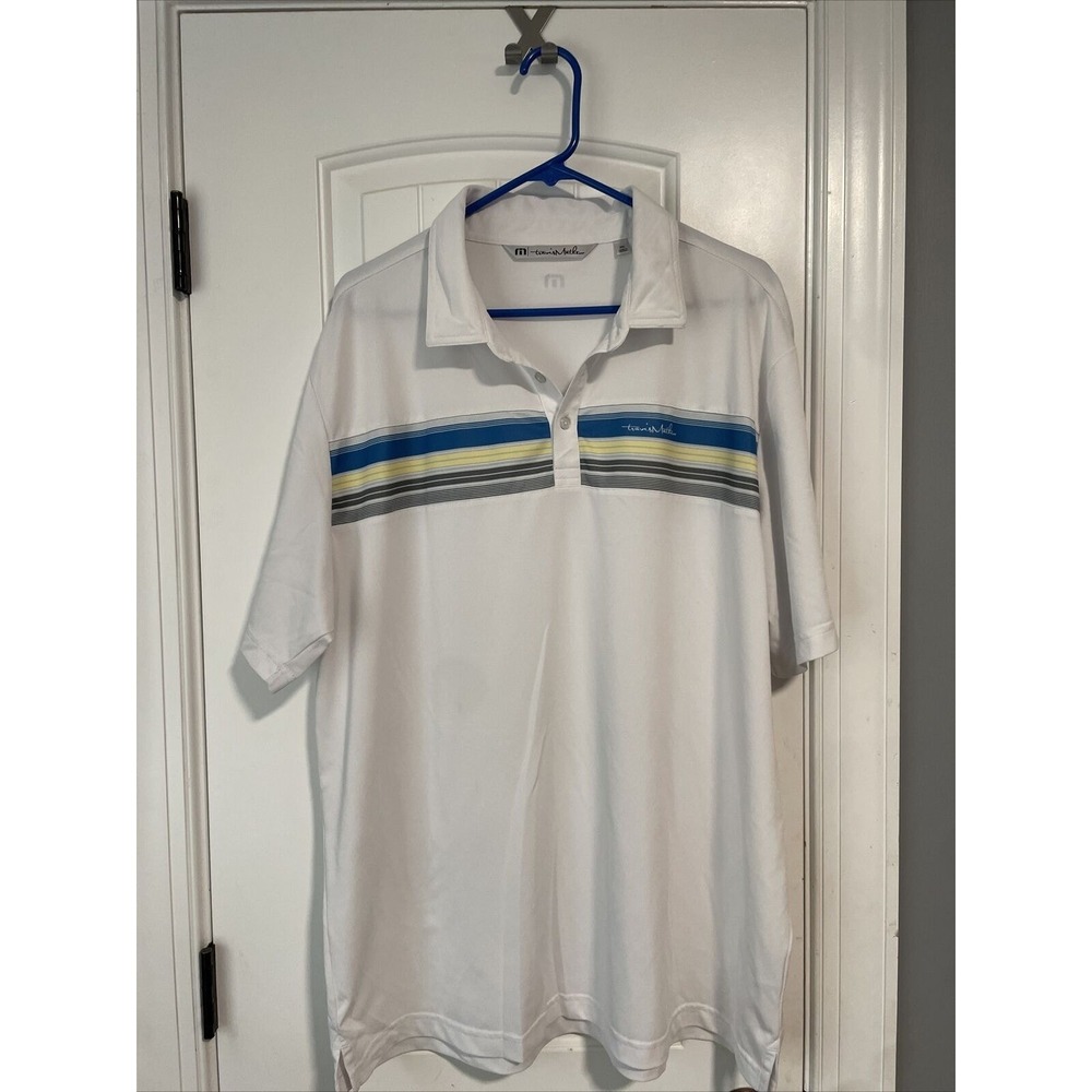 Travis Mathew Golf Polo Shirt White Short Sleeve Size XXL with Stripes and Logo